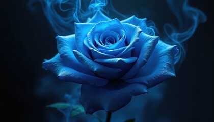 Poster - Neon blue rose art wrapped in blue smoke swirls on dark background. Decorative romantic card. Abstract fantastic illustration. Twisted spiral energy wave glow design. Magic surreal bright splashing