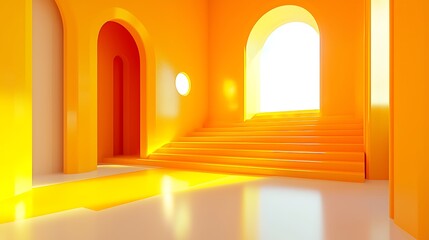 Poster - Bright Orange Minimalist Interior Design Modern Architecture Stairs Sunlight