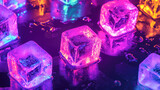 Vibrant neon ice cubes in colorful led lights reflection