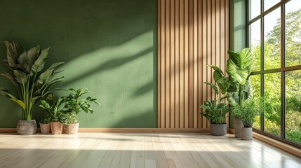 Aufkleber - This serene kitchen invites calmness with its minimalist design, featuring vibrant green walls, wooden accents, and a variety of lush indoor plants basking in the sunlight