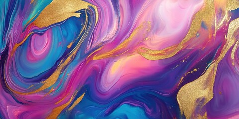 Poster - Fluid art design swirls vibrant colors with gold accents, a dynamic abstract background , 32k Resolution