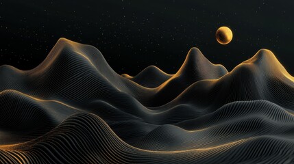 Poster - A 3D portrait wallpaper with a black background. Golden and black marble wavy mountains. Modern flat background wallpaper