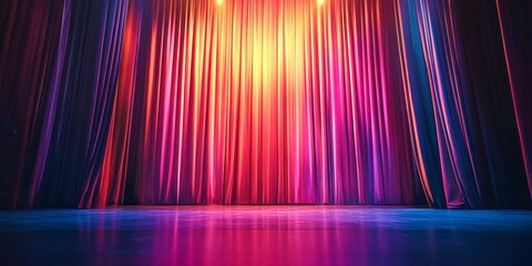 Aufkleber - A beautiful stage with colorful curtains in shades of purple, red, and orange. Soft light shines through. Perfect for theater promotions and event presentations. Captivating visual appeal. AI