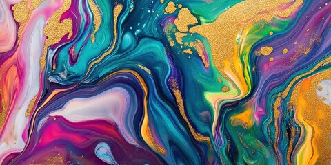 Poster - Fluid art design swirls vibrant colors with gold accents, a dynamic abstract background , 32k Resolution