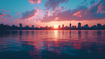 Poster - City Skyline Sunset Water Reflection Peaceful Tranquil Urban Landscape