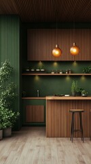 Poster - A minimalist kitchen showcases a beautiful green hue complemented by wooden details. Warm pendant lights illuminate the space, creating a cozy atmosphere filled with nature