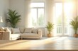 © Vadym - Blurred living room interior with morning sunlight streaming through big window. White bright tone indoor background features sofa, plants, wooden table. Modern comfortable apartment lounge with