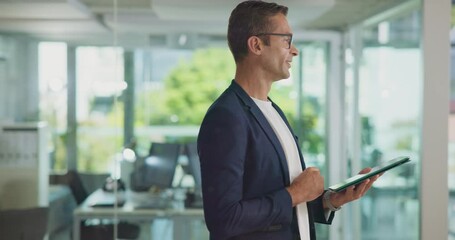 Leinwandbilder - Tablet, thinking and business man with idea, problem solving and walking in office. Planning, digital technology and happy employee typing to research for finance, investment and insight with vision