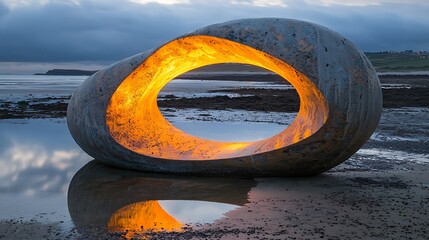 Poster - Coastal Stone Sculpture Orange Sunset Calm Beach Serenity Art