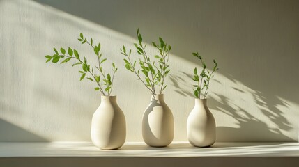 Poster - Three minimalist vases with greenery displayed on a shelf in soft afternoon light