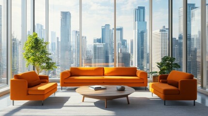 Poster - A bright, modern living room with orange furniture and large windows showcasing a cityscape.