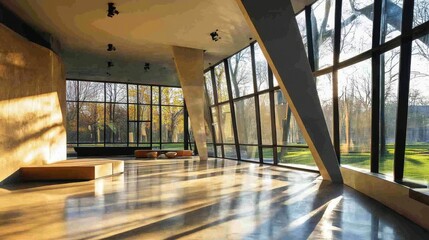 Poster - A modern, spacious interior with large windows and angular supports, emphasizing light and space.
