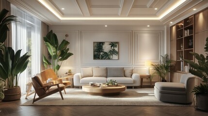 Poster - Modern Scandinavian home interior design characterized by an elegant living room featuring a comfortable sofa, mid century furniture, cozy carpet, wooden floor, white walls, and home plants