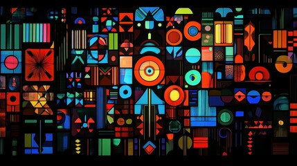 Poster - Abstract design featuring colorful geometric shapes on a dark background, suitable for digital projects.