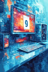 Poster - futuristic digital screen interface with neon glowing number and circuitry details