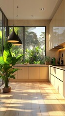 Aufkleber - Natural light fills the kitchen space, highlighting the contemporary design with wooden elements