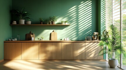 Poster - Bright and airy kitchen showcases a harmonious blend of green walls and wooden cabinetry. Natural sunlight streams through large windows, enhancing the tranquil atmosphere