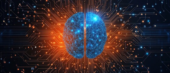 Aufkleber - Abstract background with blue and orange polygonal brain on a dark circuit board, a illustration of an artificial intelligence concept Generative AI