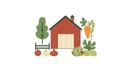 Poster - Farm products logo features rustic barn alongside fresh vegetables in a clean and modern design emphasizing agricultural abundance