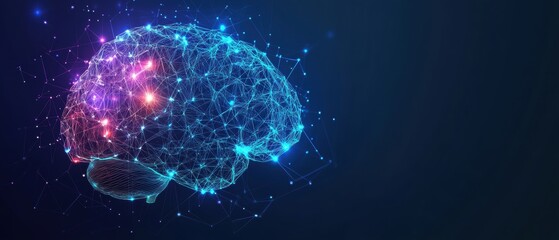 Aufkleber - Abstract human brain made of colorful low-poly shapes on a dark blue background with a circuit board pattern and white glowing dots representing artificial intelligence Generative AI