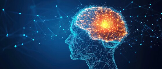 Aufkleber - Abstract background with colorful low-poly brain and circuit board elements on a blue background, an AI concept In the center, there is an abstract glowing human head made of triangles Generative AI