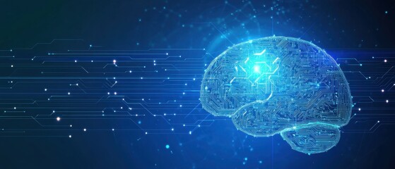 Aufkleber - Abstract background with low-poly brain and circuit board elements on a blue digital technology concept banner for artificial intelligence or machine learning Generative AI