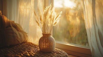 Poster - Cozy Home Interior Pampas Grass Golden Hour Sunlight
