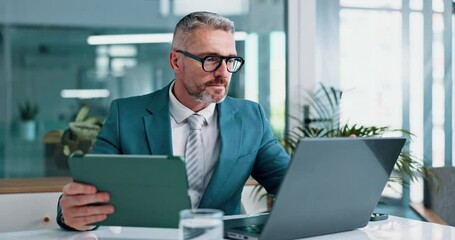 Fototapete - Laptop, tablet and reading with business man in office for client feedback, virtual advisor or news. Research, investment portfolio and tax refund with mature employee in agency for account admin