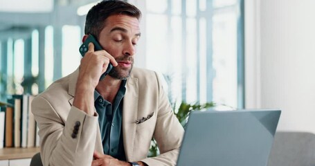 Aufkleber - Phone call, smile and man with laptop, business and negotiation with contact in office or networking. Communication, consulting and person with mobile for discussion, financial advisor and talking