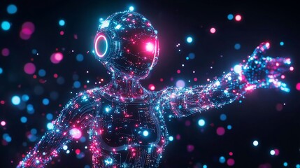 Poster - robotic figure reaching out amidst glowing particles for ai/tech visual