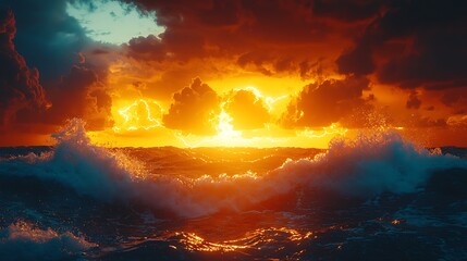 Poster - Dramatic Ocean Sunset Waves Fiery Sky Nature Photography