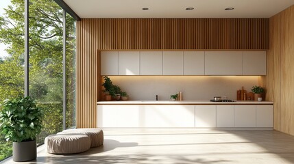 Aufkleber - bright and airy, this minimalist kitchen features sleek cabinetry and a large window overlooking vib