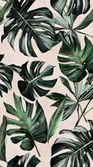 Canvas Print - Botanical Pattern Lush Monstera & Palm Fronds on Beige. Ideal for wallpaper or textile design