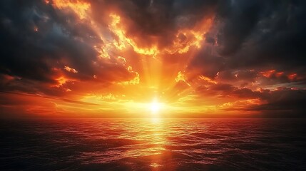 Poster - Fiery Ocean Sunset Tranquil Water Scene Travel Vacation Background