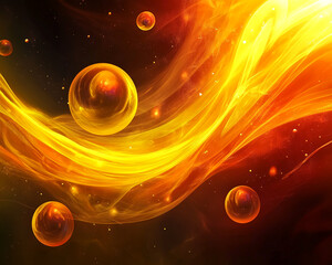 Poster - Abstract image of flowing orange and yellow energy with glowing spheres, creating a dynamic and vibrant cosmic scene, suggesting power, energy, and movement