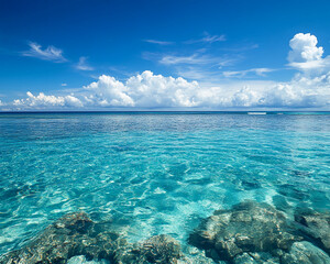 Fototapete - Clear turquoise water over rocks, sunny blue sky with fluffy clouds, tranquil ocean scene evoking serenity and peacefulness, ideal for travel or vacation concepts