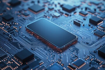 Poster - Graphic layouts showcasing smartphone technology on a circuit board design for advertising purposes