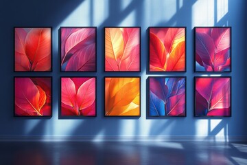 Poster - Promotional flyer graphic layouts featuring vibrant leaf designs in a gallery setting