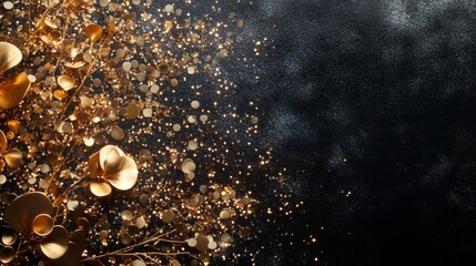 Poster - A dazzling party composition with metallic gold decorations, sparkling confetti, and stylish party accessories on a deep black background, 32k Resolution.