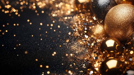 Poster - A dazzling party composition with metallic gold decorations, sparkling confetti, and stylish party accessories on a deep black background, 32k Resolution.