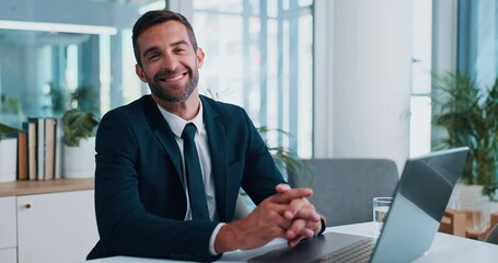 Poster - Face, businessman and accountant with laptop in office, financial investment and information. Portrait, happy person and male auditor with tech for finance research, review revenue and typing report