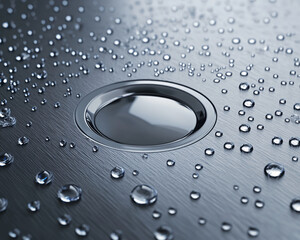 Poster - Close-up of water droplets on metallic surface with circular drain, showcasing clean and sleek design, representing purity, hygiene, and modern technology