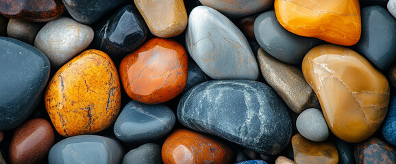 Poster - Close-up of smooth, multicolored stones, showcasing varied textures and shades of gray, orange, and brown. Represents natural beauty, serenity, and earth tones, ideal for spa or nature concepts.