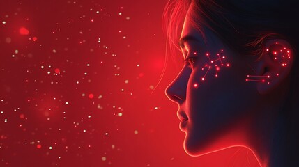 Poster - Woman, profile, red, glowing, particles, digital, art, futuristic, background, technology