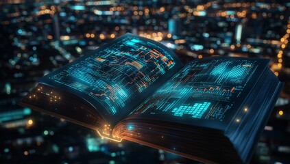 Floating digital book over city lights