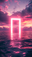Poster - Neon pink frame in calm ocean at sunset, reflecting on water surface, creating surreal and dreamy atmosphere, ideal for  mockup or wallpaper