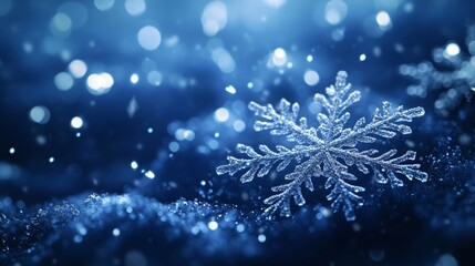 Wall Mural - falling snowflakes on a dark blue background create a winter snowfall abstract christmas scene