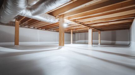 Aufkleber - Empty basement with wooden beams, light gray walls, and a smooth white floor, showcasing ample free space, ideal for renovation or storage concepts