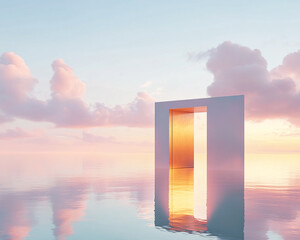Poster - White frame with golden door in calm water, reflecting pastel sunset sky and clouds, symbolizing transition, hope, or new beginnings, ideal for serenity and inspirational concepts