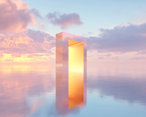 Poster - Pastel sunset reflected in calm water, featuring a golden doorway-shaped structure, symbolizing transition, hope, or a new beginning